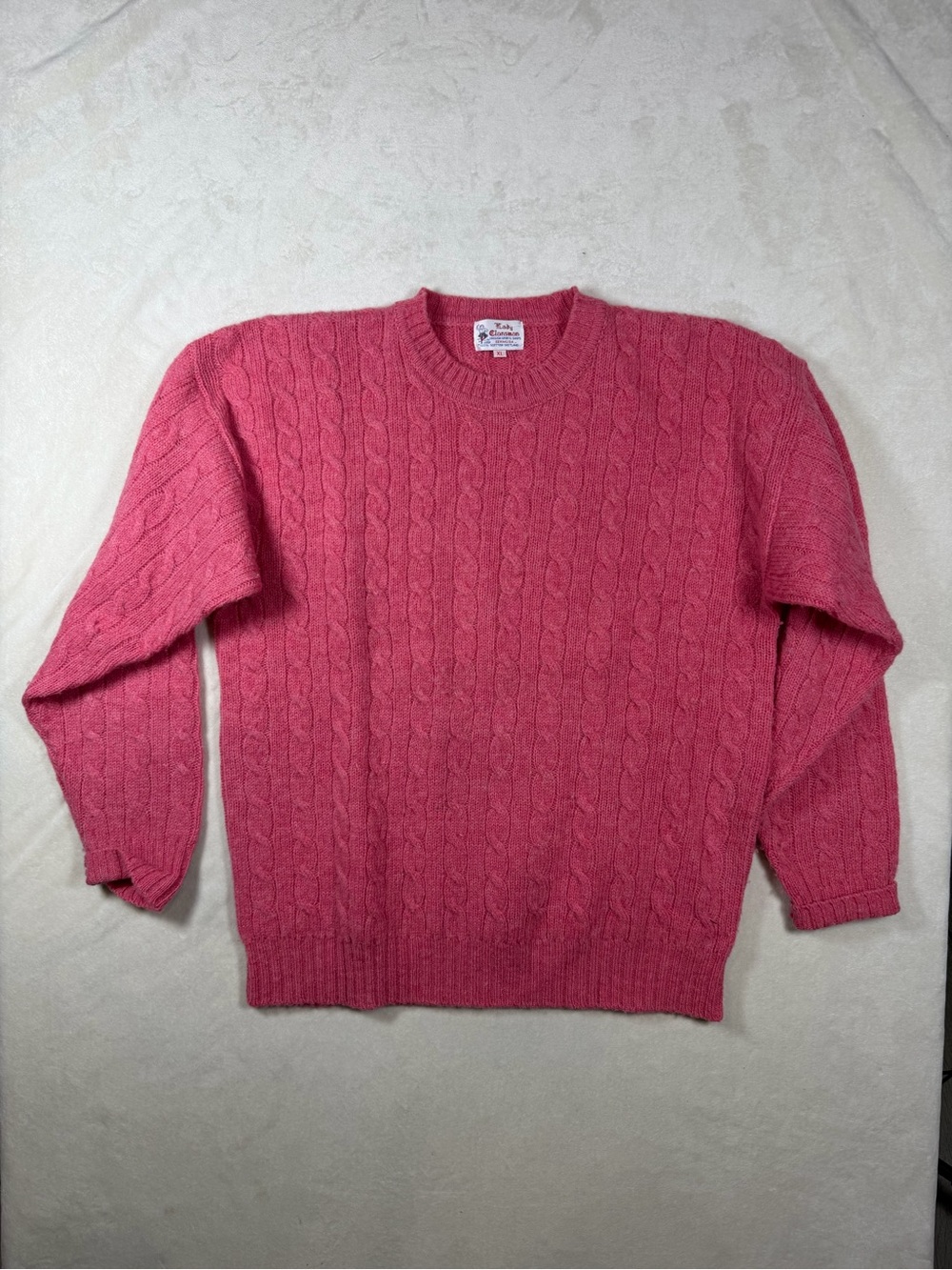 Lady Clansman XL Cable Knit 100% Shetland Wool Crewneck Sweater in Rose Pink